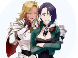  2girls anger_vein armor black_gloves black_hair blonde_hair blood blood_on_clothes blood_on_face catherine_(fire_emblem) closed_eyes commentary_request crossed_arms fire_emblem fire_emblem:_three_houses gloves konsuke0 long_hair long_sleeves multiple_girls open_mouth shamir_nevrand short_hair simple_background upper_body white_background 