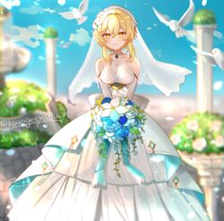  absurdres bare_shoulders bird blonde_hair blurry blurry_background bouquet breasts bridal_veil cleavage closed_mouth commentary_request dove dress elbow_gloves feet_out_of_frame female flower genshin_impact gloves hair_between_eyes hair_flower hair_intakes hair_ornament highres holding holding_bouquet kuromu_shado long_dress lumine_(genshin_impact) medium_breasts orange_eyes outdoors partial_commentary pillar short_hair_with_long_locks sky smile solo twitter_username v_arms veil wedding_dress 