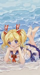  absurdres barefoot beach blonde_hair blue_eyes clothing_cutout feet feet_up female glowworm_(warship_girls_r) head_rest highres ice_laozei long_hair lying miniskirt on_stomach shirt shoulder_cutout skirt solo the_pose twintails warship_girls_r water waves white_shirt white_skirt 