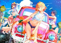  4girls artist_name blue_hairband blue_ribbon blue_shorts braid breasts brown_eyes brown_hair car car_wash_(place) cleaning collarbone crop_top cutoffs denim denim_shorts fanbox_username hairband holding holding_sponge hose kanojo_okarishimasu mizuhara_chizuru motor_vehicle multiple_girls nanami_mami navel outdoors patreon_username red_hair ribbon sakurasawa_sumi sarashina_ruka shirt short_shorts shorts side_braid soap soap_bubbles sponge sydus t-shirt tank_top vehicle_focus washing washing_vehicle wet wet_clothes wet_shirt 