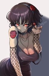  arm_tattoo black_choker black_dress black_hairband breasts brown_hair candy choker downblouse dress earrings female flower food hairband haysey highres jewelry lollipop medium_breasts necklace niijima_makoto persona persona_5 red_eyes red_flower red_rose rose short_hair stud_earrings tattoo 