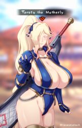  adapted_costume artist_name azure_(armor) blonde_hair blue_gloves blue_leotard blue_ribbon breasts character_request cleavage cowboy_shot english_commentary eyes_visible_through_hair female fewer_digits fingerless_gloves flying_sweatdrops gloves hair_over_one_eye hair_ribbon hand_up highres huge_breasts kulve_taroth legs_together leotard long_hair mature_female mole mole_on_breast monster_hunter_(series) monster_hunter_rise pointy_ears ponytail ribbon shiny_skin sideboob solo standing thighhighs weapon weapon_on_back yamanata yellow_eyes 