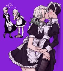  2girls alternate_costume asagiri_gen black_footwear blush broom bucket closed_eyes commentary_request dcon_34 dr._stone enmaided from_side genderswap_(mtf) hand_on_another&#039;s_thigh heart highres imminent_kiss ishigami_senkuu maid multiple_girls purple_background rule_63 short_twintails sweatdrop tongue tongue_out twintails yuri 