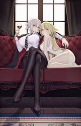  2girls absurdres alcohol bad_anatomy bad_proportions bare_shoulders black_footwear black_jacket black_pantyhose black_skirt blonde_hair blue_eyes blush breasts cha_hou china_dress chinese_clothes chinese_commentary collared_shirt commentary couch crossed_legs cup curtains dress dress_shirt drinking_glass fate/grand_order fate_(series) fine_fabric_emphasis high_heels highres holding holding_cup indoors jacket jacket_on_shoulders jeanne_d&#039;arc_(fate) jeanne_d&#039;arc_(ruler)_(fate) jeanne_d&#039;arc_alter_(avenger)_(fate) jeanne_d&#039;arc_alter_(fate) large_breasts long_hair looking_at_viewer miniskirt multiple_girls necktie pale_skin pantyhose photoshop_(medium) shirt short_hair side_slit sitting skirt striped striped_necktie white_hair white_shirt window wine_glass wooden_floor yellow_eyes 