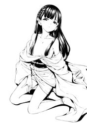  braid breasts collarbone comiket_93 female flower greyscale hair_censor hair_flower hair_ornament hamao highres idolmaster idolmaster_cinderella_girls japanese_clothes kimono kimono_pull kobayakawa_sae long_hair monochrome simple_background sitting small_breasts solo white_background 