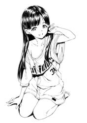  :d baseball_uniform blush collarbone comiket_93 feet female greyscale hamao highres idolmaster idolmaster_cinderella_girls kobayakawa_sae long_hair looking_at_viewer monochrome naked_shirt shirt simple_background sitting smile solo sportswear straight_hair white_background 