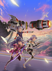  3girls bare_shoulders blue_eyes blue_jacket blue_sky bodysuit boots bow braid breasts bronya_zaychik bronya_zaychik_(valkyrie_chariot) brown_footwear cannon cleavage closed_mouth cloud cloudy_sky drill_hair dual_wielding floating full_body gotointhepark grey_eyes grey_hair grin gun hairbow handgun highres holding holding_gun holding_sword holding_weapon honkai_(series) honkai_impact_3rd jacket katana kiana_kaslana kiana_kaslana_(white_comet) long_hair multiple_girls open_mouth outdoors project_bunny purple_eyes purple_hair raiden_mei raiden_mei_(crimson_impulse) running sky smile smirk sword teeth thigh_boots thighhighs twin_braids twin_drills v-shaped_eyebrows weapon white_hair 