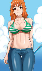  1girls arm_behind_back big_breasts bikini bikini_top_only breasts busty cleavage denim female female_only highres jeans large_breasts looking_at_viewer nami navel one_piece orange_eyes orange_hair pants post-timeskip smile solo swimsuit tattoo_on_arm toned weapon 