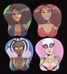  4girls avengers big_breasts body_writing bra breasts dark-skinned_female dark_skin deadpool deadpool_2 domino_(marvel) domino_(zazie_beetz) female female_only gwen_poole gwendolyn_pool gwenpool gwenpool_(series) happy happy_face happy_facial happy_female light-skinned_female lipstick marvel marvel_comics melat0nin mutant naughty naughty_face neena_thurman ororo_munroe phone_drawing phone_number scarlet_witch smile starbryte storm_(x-men) wanda_maximoff white_hair x-force x-men zazie_beetz 