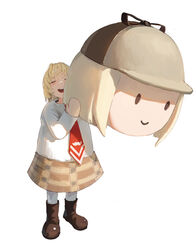  :d absurdres blonde_hair bob_cut boots brown_footwear brown_skirt character_costume closed_eyes commentary dino_(dinoartforame) female highres holding hololive hololive_english long_sleeves mascot_costume necktie open_mouth romaji_commentary shirt simple_background skirt smile smol_ame solo sweat teeth upper_teeth_only virtual_youtuber watson_amelia watson_amelia_(1st_costume) white_background white_shirt 