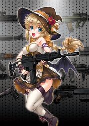  ak-47 alternate_costume apron arm_warmers armory assault_rifle bat_wings blue_eyes boots braid braided_ponytail breasts brown_hair bullpup commentary_request crescent crescent_pin cross-laced_footwear daewoo_k2 desert_eagle dress female fn_fnc fnc_(candy_thief)_(girls&#039;_frontline) fnc_(girls&#039;_frontline) garter_straps girls&#039;_frontline gun h&amp;k_mp5 h&amp;k_psg1 hair_between_eyes hair_ornament hair_ribbon halloween halloween_costume handgun hat hat_ribbon henshako highres holding holding_weapon imi_galil kalashnikov_rifle knee_boots korean_commentary lace-up_boots layered_skirt leg_up light_machine_gun long_hair low_wings m16 m16a1 m4_carbine m60 machine_gun multiple_weapons official_alternate_costume open_mouth orange_scarf p90 ribbon rifle scarf scope single_braid skirt sniper_rifle solo star_(symbol) star_hair_ornament steyr_aug strapless strapless_dress submachine_gun thighhighs vertical_foregrip waist_apron weapon weapon_rack wings witch_hat wrist_cuffs 