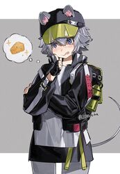  animal_ears arknights backpack bag baseball_cap black_gloves black_hat black_jacket black_skirt blue_eyes blush bottle cheese click_(arknights) closed_mouth commentary cowboy_shot female finger_to_own_chin fingerless_gloves flat_chest food gloves grey_background grey_hair grey_legwear hair_between_eyes hand_on_own_chin hat highres ierotak imagining jacket licking_lips long_sleeves miniskirt mouse_ears mouse_girl mouse_tail open_clothes open_jacket shirt short_hair simple_background skirt smile solo standing tail thought_bubble tongue tongue_out twitter_username water_bottle white_shirt 