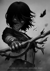  absurdres artstation_username closed_mouth english_commentary female fingerless_gloves gloves greyscale hair_between_eyes highres holding holding_weapon instagram_username jacket kill_la_kill looking_at_viewer manip matoi_ryuuko midriff monochrome navel pleated_skirt revealing_clothes sailor_collar school_uniform scissor_blade_(kill_la_kill) senketsu serafuku short_hair skirt solo sukajan suspender_skirt suspenders weapon 