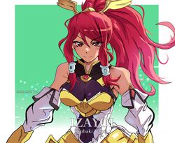  absurdres armor armored_dress bare_shoulders billycsta358 blazblue blazblue:_central_fiction blazblue:_chronophantasma bow breasts detached_sleeves english_commentary female hair_ornament hair_tubes highres izayoi_(blazblue) long_hair looking_at_viewer ponytail red_eyes red_hair smile solo tsubaki_yayoi 