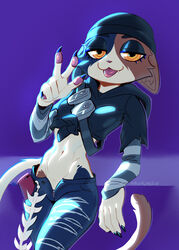  2022 anthro artist_name bandolier beanie belly black_body black_claws black_fur bottomwear breasts brown_body brown_fur cellphone claws clothing crop_top denim denim_bottomwear denim_clothing domestic_cat electronics epic_games felid feline felis female fortnite fur gesture half-closed_eyes hand_gesture hat hauringu headgear headwear hi_res hoodie jeans mammal meow_skulls_(fortnite) midriff multicolored_body multicolored_fur narrowed_eyes navel pants pawpads phone portrait purple_background shirt simple_background slim small_breasts small_waist smartphone smile solo striped_sleeves teeth three-quarter_portrait tongue tongue_out topwear torn_bottomwear torn_clothing torn_jeans torn_pants unzipped unzipped_pants v_sign white_body white_fur yellow_eyes zipper 