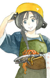  akai_sashimi apron arm_up basket basket_star black_hair blue_eyes blue_kimono braid commentary_request cooking_pot female fish frilled_shark green_apron hair_over_shoulder hand_on_headwear holding holding_basket japanese_clothes kimono long_hair looking_at_object original parted_lips partial_commentary pot_on_head seafood simple_background single_braid smile solo towel traditional_media upper_body white_background white_towel 