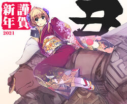  2021 alternate_costume armor asa_no_ha_(pattern) blacksmith_(ragnarok_online) blonde_hair blue_eyes blush brown_footwear closed_mouth commentary_request deviruchi double_bun dutch_angle female floral_print flower full_body furisode hair_bun hair_flower hair_ornament highres horns japanese_clothes kikumon kimono licking_lips long_hair looking_at_viewer mil_(xration) minotaur new_year nose_piercing nose_ring obi obiage obijime piercing purple_flower ragnarok_online sandals sash seigaiha sidelocks simple_background sitting socks solo_focus tabi tongue tongue_out white_background white_legwear 