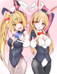  2girls ahoge alternate_costume animal_ears arm_up armpit_peek black_jacket black_leotard black_pantyhose blonde_hair blue_neckwear blush bow bowtie breasts cleavage commentary_request covered_navel cowboy_shot elbow_gloves eyelashes fake_animal_ears fake_tail gloves grey_legwear hair_ornament hair_ribbon heart_arms_duo heterochromia highres hoshikawa_sara jacket kokechan leotard long_hair looking_at_viewer medium_breasts multiple_girls nijisanji open_mouth pantyhose parted_bangs pink_background playboy_bunny pose rabbit_ears rabbit_tail red_bow red_bowtie red_eyes ribbon side-by-side side_ponytail simple_background sister_claire smile straight_hair tail v virtual_youtuber white_gloves white_leotard wing_collar x_hair_ornament yellow_eyes 