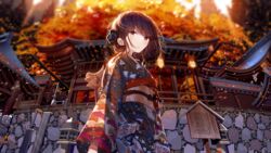  absurdres architecture atha_(leejuiping) autumn_leaves black_eyes black_hair blurry blurry_background east_asian_architecture female firewood hair_ornament hatsumoude highres japanese_clothes kimono looking_at_another looking_at_viewer looking_back new_year original outdoors profile short_hair shrine solo sunset temple wind 