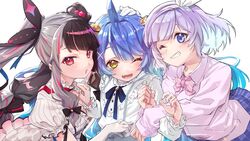  3girls ahoge amamiya_kokoro blue_hair blush breasts cleavage commentary_request hair_ornament highres long_hair multicolored_hair multiple_girls nijisanji nijisanji_kr nun_bora nun_bora_(2nd_costume) one_eye_closed red_eyes ruo19 short_hair smile split-color_hair virtual_youtuber white_background yorumi_rena 