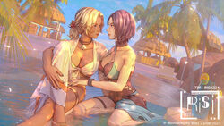  2girls absurdres beach bikini black_one-piece_swimsuit blonde_hair blue_nails bracelet breasts catherine_(fire_emblem) catherine_(summer)_(fire_emblem) cleavage crossed_legs dark-skinned_female dark_skin dated day eye_contact fire_emblem fire_emblem:_three_houses fire_emblem_heroes green_nails highres hut irisl jewelry large_breasts looking_at_another multiple_girls nail_polish official_alternate_costume one-piece_swimsuit outdoors palm_tree partially_submerged ponytail shamir_nevrand shamir_nevrand_(summer) short_hair short_ponytail swimsuit tree water white_bikini yuri 