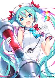  aqua_eyes aqua_hair black_thighhighs bow bowtie commentary cross female frilled_sleeves frills gloves hair_ornament hand_up hat hatsune_miku highres holding holding_syringe large_syringe long_hair matsuuni necktie nurse nurse_cap official_art open_mouth oversized_object pleated_skirt rainbow red_bow shirt short_necktie skirt sleeveless sleeveless_shirt smile solo stethoscope syringe thighhighs twintails very_long_hair vocaloid waving white_background white_gloves white_shirt white_skirt 