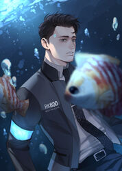  1boy air_bubble android arethusa_smile belt black_hair brown_eyes bubble connor_(detroit) detroit:_become_human expressionless highres jacket looking_at_viewer male_focus necktie open_clothes pants photoshop_(medium) shirt solo tropical_fish underwater upper_body 