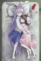  2girls absurdly_long_hair absurdres animal_ears ass barefoot black_hair carrot_necklace closed_eyes dress floppy_ears full_body highres inaba_tewi jewelry long_hair medium_hair multiple_girls necklace necktie on_bed petite pillow pink_dress purple_hair rabbit_ears rabbit_tail reisen_udongein_inaba sleeping soles tachibana_yae_(kanzaki_kura) tail toes touhou unworn_jewelry unworn_necklace unworn_necktie very_long_hair yuri 