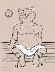  adriano_berjillos anthro bench blush blush_lines bodily_fluids chance_furlong claws domestic_cat felid feline felis hanna-barbera heat_(temperature) male mammal navel nipples sauna scientific_instrument smile smiley_face solo stripes_fur swat_kats sweat thermometer toe_claws towel 