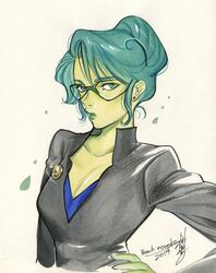  2019 arm_at_side artist_name badge black_jacket blue_shirt breasts cleavage collarbone colored_skin commission earrings female glasses green-framed_eyewear green_eyes green_lips green_skin hair_behind_ear hand_on_own_hip highres jacket jennifer_walters jewelry long_sleeves looking_at_viewer marvel medium_breasts parted_lips peach_momoko second-party_source she-hulk shirt sidelocks signature solo stud_earrings swept_bangs thick_lips upper_body v-neck 