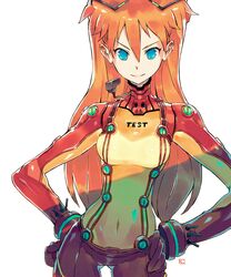  andrewcockroach ass_visible_through_thighs blue_eyes bodysuit breasts covered_navel evangelion:_2.0_you_can_(not)_advance feet_out_of_frame female gloves hair_behind_ear hair_between_eyes hands_on_own_hips headgear highres interface_headset looking_at_viewer medium_breasts multicolored_bodysuit multicolored_clothes neon_genesis_evangelion orange_bodysuit pilot_suit plugsuit rebuild_of_evangelion red_bodysuit red_gloves science_fiction smile solo souryuu_asuka_langley test_plugsuit two-tone_bodysuit v-shaped_eyebrows white_background 