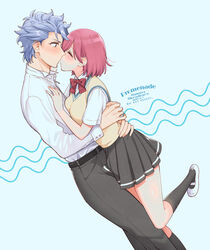  1boy arms_around_waist artist_name black_socks blue_background blush bob_cut bow bowtie breasts closed_eyes collared_shirt couple dated feet_out_of_frame female grey_hair grey_pants grey_skirt habataki_academy_school_uniform hair_between_eyes hand_on_another&#039;s_chest highres kissing krudears long_sleeves medium_breasts pants pink_hair pleated_skirt protagonist_(tokimemo_gs3) red_bow red_bowtie red_eyes school_uniform shirt shitara_seiji short_hair skirt socks straight sweater_vest tokimeki_memorial tokimeki_memorial_girl&#039;s_side_3rd_story twitter_username white_footwear white_shirt wide-eyed yellow_sweater_vest 