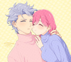  1boy artist_name blue_sweater bob_cut breasts closed_eyes couple dated female grey_hair hair_between_eyes hand_in_another&#039;s_hair hand_on_another&#039;s_shoulder krudears light_blush long_sleeves medium_breasts nail_polish parted_lips pink_hair pink_sweater protagonist_(tokimemo_gs3) shitara_seiji short_hair smile straight sweater tokimeki_memorial tokimeki_memorial_girl&#039;s_side_3rd_story turtleneck turtleneck_sweater twitter_username upper_body yellow_background yellow_nails 