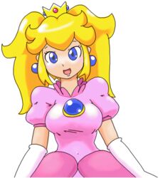  1girls 2000s 2007 alternate_hairstyle big_breasts blonde_hair blue_eyes breasts busty cute dress female female_only gloves highres large_breasts lipstick looking_at_viewer makeup mario_(series) minus8 nintendo open_mouth pink_lips princess princess_peach smile solo twintails 