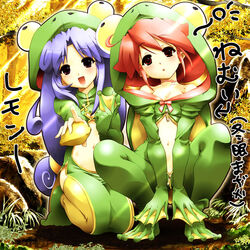  2girls animal_costume blush commentary_request fine_(futagohime) food frog_costume fruit fushigiboshi_no_futago_hime hamuhamu happy holding holding_food holding_fruit lemon long_hair midriff multiple_girls pointing purple_eyes red_eyes red_hair rein_(futagohime) squatting 