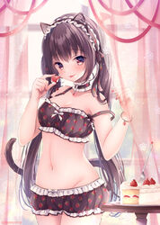  :p animal_ears black_bra black_hair black_panties blush bra brown_eyes cake cat_ears cat_girl cat_tail closed_mouth commentary_request curtains day female food food_print fork fruit groin hands_up holding holding_food indoors lingerie long_hair looking_at_viewer nail_polish navel nemuri_nemu original panties print_bra print_panties red_nails red_ribbon ribbon smile solo standing strawberry strawberry_bra strawberry_panties strawberry_print tail tongue tongue_out transparent transparent_curtains twintails underwear very_long_hair window 