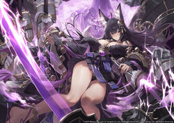  absurdres ahoge animal_ear_fluff animal_ears armor azur_lane beads black_dress black_hair black_panties breasts copyright_notice dress electricity facial_mark female floating_hair fox_ears fox_girl fox_tail highres holding holding_sword holding_weapon katana large_breasts long_hair looking_at_viewer musashi_(azur_lane) netural official_art panties parted_lips prayer_beads solo sword tail thighs underwear very_long_hair weapon whisker_markings yellow_eyes 