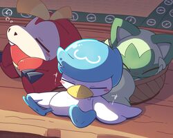  basket blush_stickers bubble closed_eyes closed_mouth commentary_request fuecoco highres in_basket indoors nettsuu no_humans poke_ball_print pokemon pokemon_(creature) quaxly sleeping sprigatito starter_pokemon_trio wooden_floor 