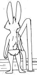  2016 ambiguous_gender anthro ass black_and_white calvin_lapin_(spiff) cheek_tuft clothing ears_up facial_tuft fan_character full-length_portrait fur holding_object holding_towel labjer lagomorph leporid line_art long_ears male_(lore) mammal monochrome plantigrade portrait rabbit railing rear_view scapula scut_tail short_tail shoulder_blades simple_background solo speedo standing swimming_pool swimwear tail towel traditional_media_(artwork) tuft water 