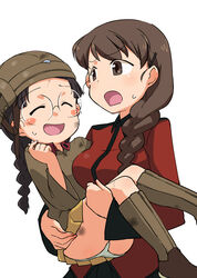  2girls bangs black_hair black_ribbon black_skirt blush_stickers boots braid braided_ponytail brown_eyes brown_footwear brown_hair brown_headwear brown_jacket carrying chi-hatan_military_uniform closed_eyes dirty dirty_clothes dirty_face eyebrows_visible_through_hair frown fukuda_(girls_und_panzer) girls_und_panzer glasses green_panties hair_ornament hair_over_shoulder hair_ribbon hairclip hamahara_yoshio helmet highres jacket knee_boots long_hair long_sleeves military military_uniform miniskirt multiple_girls open_mouth panties pantyshot pleated_skirt princess_carry red_jacket ribbon rimless_eyewear round_eyewear rukuriri_(girls_und_panzer) simple_background single_braid skirt smile st._gloriana&#039;s_military_uniform sweatdrop twin_braids twintails underwear uniform white_background yellow_skirt 