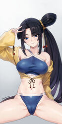  bare_shoulders bikini black_hair blue_bikini blue_eyes breasts cameltoe collarbone fate/grand_order fate_(series) female hair_bun hair_ornament jacket kiya_hajime long_hair long_sleeves medium_breasts navel official_alternate_costume parted_bangs side_ponytail sidelocks single_hair_bun smile solo spread_legs swimsuit ushiwakamaru_(fate) ushiwakamaru_(swimsuit_assassin)_(fate) ushiwakamaru_(swimsuit_assassin)_(first_ascension)_(fate) v yellow_jacket 