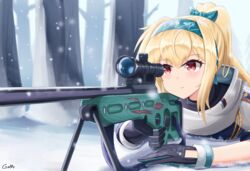  artist_name black_gloves blonde_hair bodysuit bolt_action bow closed_mouth commentary english_commentary female gamryous girls&#039;_frontline gloves green_bow green_hairband gun hairband hairbow highres holding holding_gun holding_weapon jacket long_hair looking_away lying multicolored_clothes multicolored_gloves on_stomach ponytail red_eyes ribbon rifle russian_flag scarf sleeves_rolled_up sniper_rifle snowflakes solo sv-98 sv-98_(girls&#039;_frontline) sv-98_(mod3)_(girls&#039;_frontline) tree upper_body weapon white_jacket white_scarf winter 