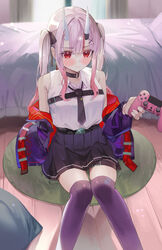  absurdres bed black_choker black_jacket black_necktie black_ribbon black_skirt blush choker controller female game_controller grey_hair hair_ornament hair_ribbon highres holding holding_controller holding_game_controller hololive horns jacket looking_at_viewer medium_hair multicolored_hair nakiri_ayame nakiri_ayame_(streetwear) nappi0110 necktie o-ring o-ring_choker oni purple_thighhighs red_eyes red_hair red_jacket ribbon shirt sidelocks skin-covered_horns skirt sleeveless sleeveless_shirt solo streaked_hair thighhighs two-sided_fabric two-sided_jacket two_side_up virtual_youtuber white_shirt x_hair_ornament 