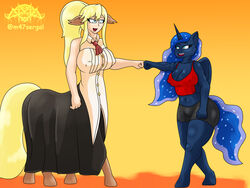  4:3 alicorn anthro blonde_hair blue_eyes blue_hair breast_size_difference breasts centaur centorea_shianus_(monster_musume) cleavage clothed clothing duo equid equid_taur equine ethereal_hair european_mythology female fist_bump friendship_is_magic gesture greek_mythology hair hasbro hi_res horn humanoid_taur m-47 mammal mammal_taur midriff monster_girl_(genre) monster_musume my_little_pony mythological_creature mythological_equine mythology navel nipple_outline open_mouth princess_luna_(mlp) shirt simple_background suit tank_top taur topwear unicorn_horn wings 