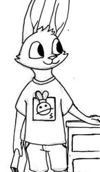  2016 anthro black_and_white book bottomwear calvin_lapin_(spiff) cheek_tuft closed_smile clothing ears_up facial_tuft fan_character fur furniture graphic_tee holding_book holding_object labjer lagomorph leporid line_art looking_aside male mammal monochrome mouth_closed portrait rabbit shirt shorts simple_background smile solo t-shirt three-quarter_portrait topwear traditional_media_(artwork) tuft white_background white_body white_bottomwear white_clothing white_fur white_shorts 