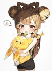  absurdres adapted_costume backpack bag bell black_shorts blush bow-shaped_hair brown_eyes brown_hair female food genshin_impact green_tank_top gro_(lee145879) hair_bell hair_ornament hairclip highres hug hugging_object ice_cream lolicon long_hair looking_at_viewer mouth_hold popsicle randoseru short_shorts shorts solo stuffed_animal stuffed_toy tank_top yaoyao_(genshin_impact) yuegui_(genshin_impact) 