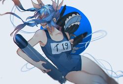  bad_id bad_pixiv_id blue_hair blue_one-piece_swimsuit cowboy_shot female hair_ribbon highres holding holding_torpedo i-19_(kancolle) kantai_collection long_hair name_tag nekosuimasu one-piece_swimsuit red_eyes ribbon school_swimsuit swimsuit teeth torpedo tri_tails whale 