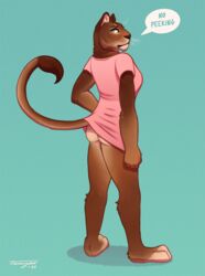  2020 anthro ass bottomless breasts calf_tuft clothed clothing countershade_butt countershade_face countershade_feet countershading dialogue digital_media_(artwork) dipstick_tail eyebrows eyelashes feet felid female hi_res leg_tuft lion looking_at_viewer looking_back mammal markings pantherine pink_clothing pink_shirt pink_topwear raised_clothing raised_shirt raised_tail raised_topwear shirt solo speech_bubble tail tail_markings tenynn topwear tuft whiskers 