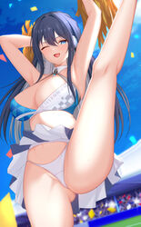  alternate_costume arknights armpits arms_up astesia_(arknights) bare_legs bikini bikini_top_only bleachers blue_eyes blue_hair blue_skirt blue_sky blush breasts camera_flash cheerleader chinese_commentary cleavage confetti cosplay crowd day feet_out_of_frame female hair_intakes hibiki_(blue_archive) hibiki_(blue_archive)_(cosplay) hibiki_(cheer_squad)_(blue_archive) high_kick highres holding holding_pom_poms kicking large_breasts long_hair looking_at_viewer millennium_cheerleader_outfit_(blue_archive) miniskirt open_mouth outdoors panties pleated_skirt pom_pom_(cheerleading) race_queen sidelocks skirt sky smile solo standing standing_on_one_leg sweat swimsuit thighs tongue two-tone_skirt underwear upskirt voice_actor_connection white_panties white_skirt wing228 