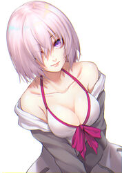  bare_shoulders bikini blush breasts cleavage collarbone commentary_request fate/grand_order fate_(series) female grey_jacket hair_over_one_eye highres hood hooded_jacket jacket long_sleeves looking_at_viewer mash_kyrielight mash_kyrielight_(swimsuit_of_perpetual_summer) medium_breasts official_alternate_costume purple_eyes re_(re_09) short_hair smile solo swimsuit upper_body white_bikini 